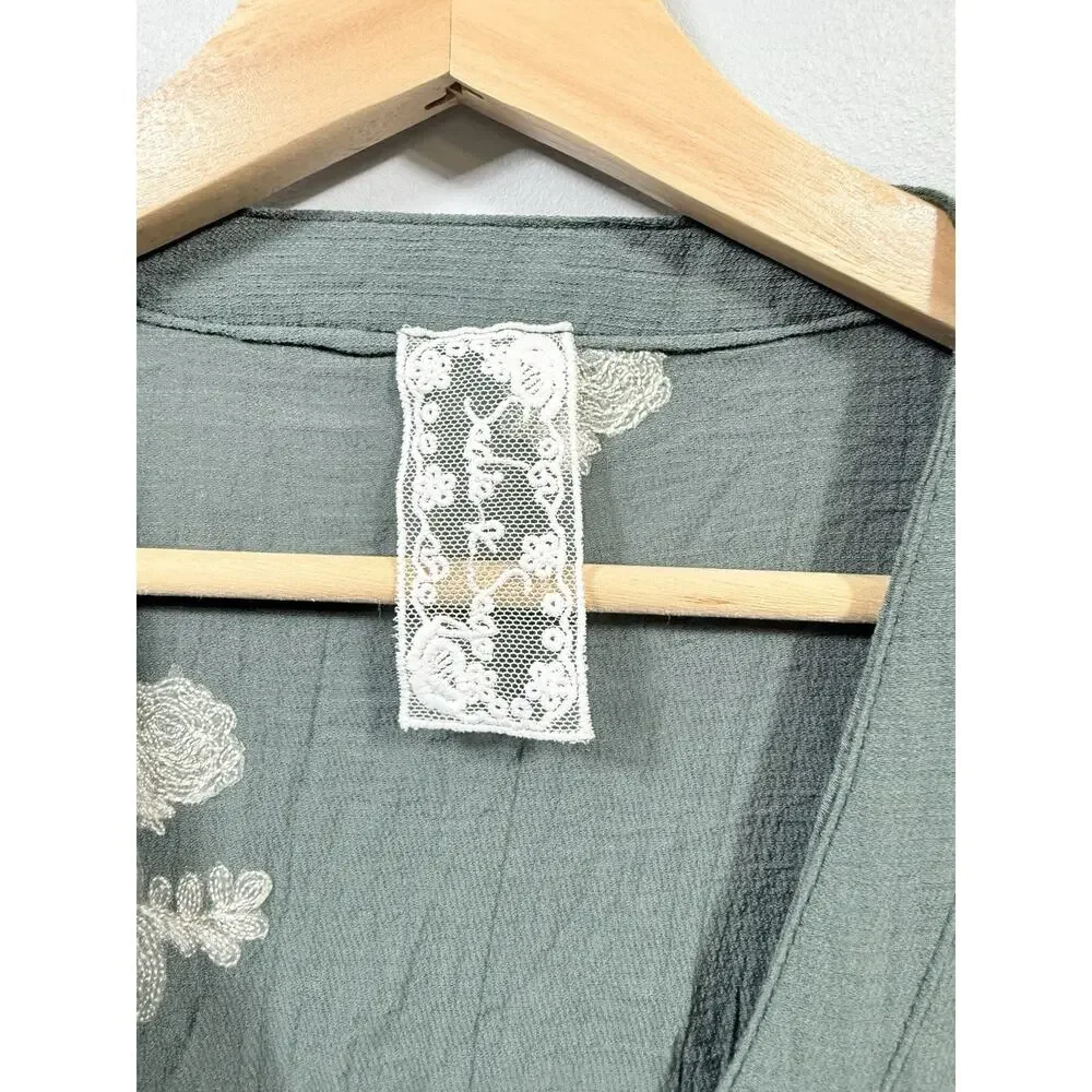 Sadie and Sage Green White Floral Embroidered V-Neck Bell Sleeve Dress